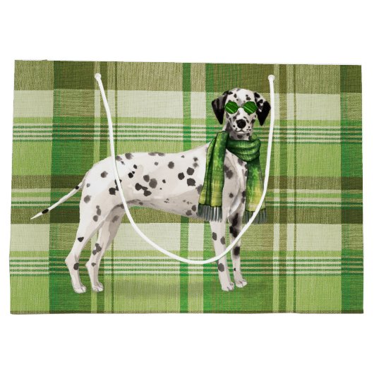 緑の格子模様のクリスマスを持つダルマおもしろいス犬 ラージペーパーバッグ (裏面)