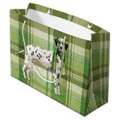 緑の格子模様のクリスマスを持つダルマおもしろいス犬 ラージペーパーバッグ (裏面アングル)