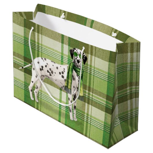 緑の格子模様のクリスマスを持つダルマおもしろいス犬 ラージペーパーバッグ (裏面アングル)