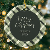 緑の格子模様のモダンスクリプトMerry Christmas セラミックオーナメント