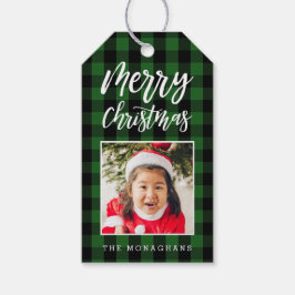 緑の格子模様の写真クリスマス ギフトタグ