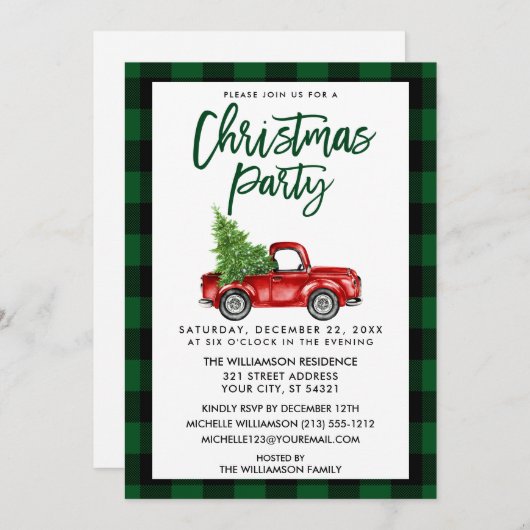 緑の格子模様ブラシスクリプトトラッククリスマスパーティー 招待状 (正面/裏面)