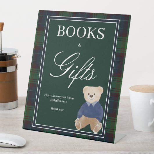 緑の格子状のテディベア赤ちゃんシャワーのギフトテーブル 台座サイン (インサイチュ)