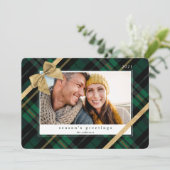 緑の格子縞の贈包まれたり物と金ゴールドの弓現在の写真 シーズンカード (スタンド正面)