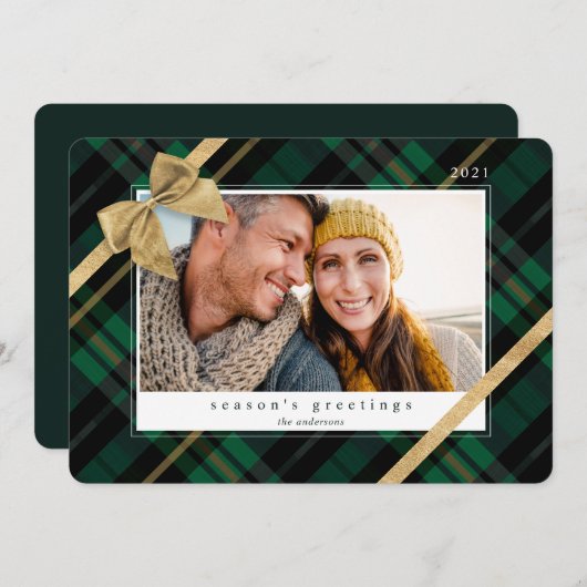 緑の格子縞の贈包まれたり物と金ゴールドの弓現在の写真 シーズンカード (正面/裏面)