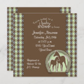 緑の格子縞の馬が付いているベビーシャワー 招待状 (正面/裏面)