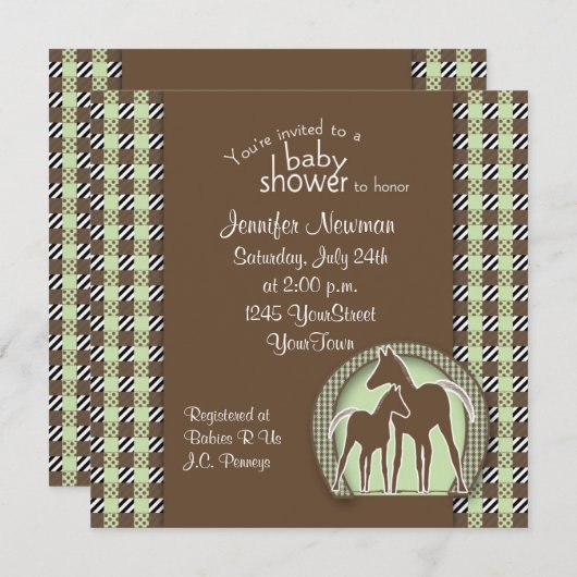 緑の格子縞の馬が付いているベビーシャワー 招待状 (正面/裏面)