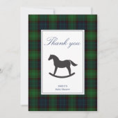 緑の格子馬のロッキング馬クラシック赤ちゃんシャワー サンキューカード (正面)