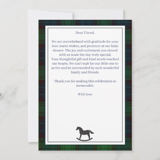 緑の格子馬のロッキング馬クラシック赤ちゃんシャワー サンキューカード (裏面)