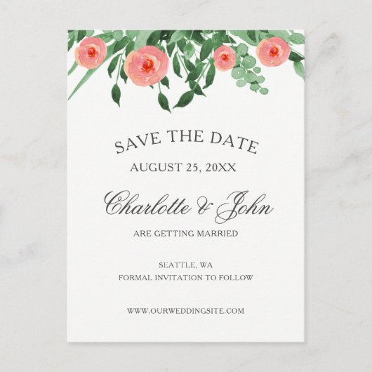 緑の桃の花結婚式の日付を保存 案内ポストカード (正面)