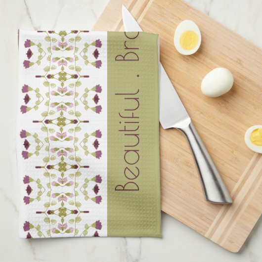緑の梅と紫のフローラ キッチンタオル (四つ折り)