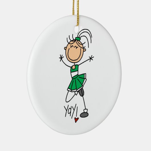 緑の棒の姿のチアリーダーのTシャツおよびギフト セラミックオーナメント (右)
