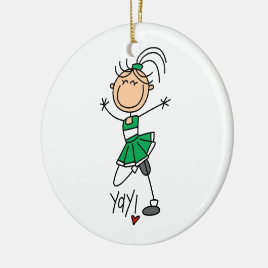 緑の棒の姿のチアリーダーのTシャツおよびギフト セラミックオーナメント (左)