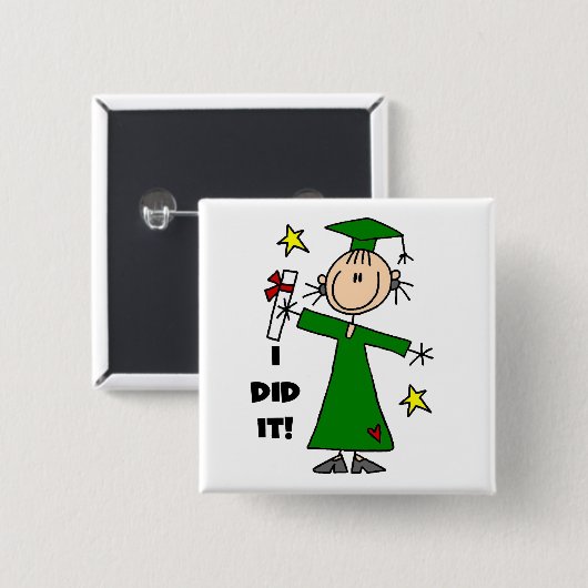 緑の棒の姿の女の子の卒業生 缶バッジ (正面&裏面)