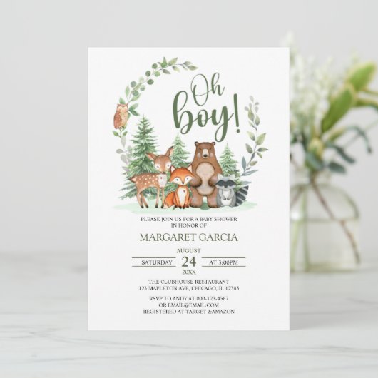 緑の森ああ男の子の森の動物の赤ちゃんシャワー 招待状 (スタンド正面)