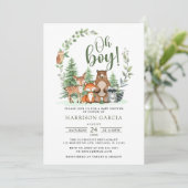 緑の森ああ男の子の森の動物の赤ちゃんシャワー 招待状 (スタンド正面)