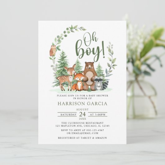 緑の森ああ男の子の森の動物の赤ちゃんシャワー 招待状 (スタンド正面)