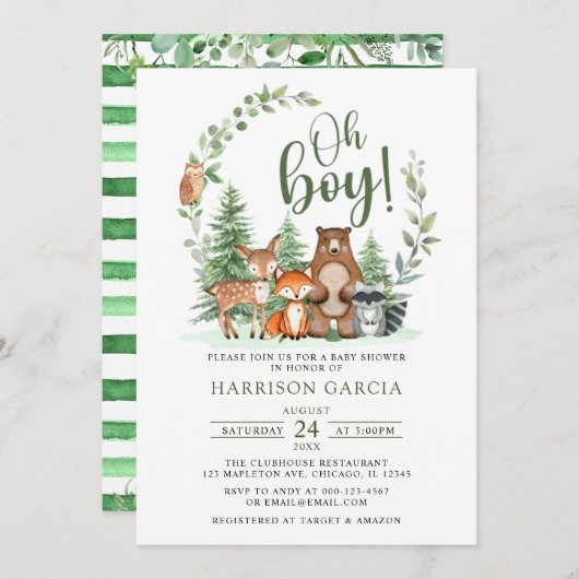 緑の森ああ男の子の森の動物の赤ちゃんシャワー 招待状 (正面/裏面)