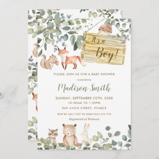 緑の森お洒落(き)の動物たちのベビーシャワー 招待状 (正面/裏面)