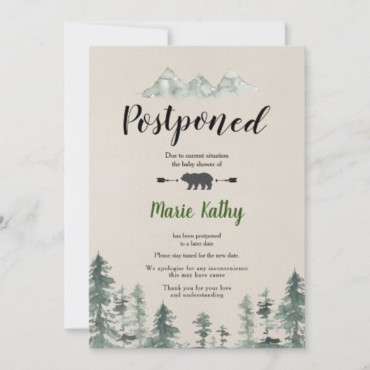緑の森のベビーシャワー延期発表 招待状 (正面)