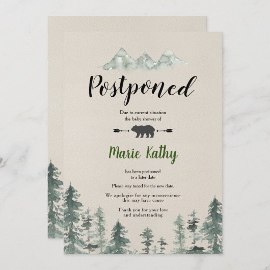 緑の森のベビーシャワー延期発表 招待状 (正面/裏面)