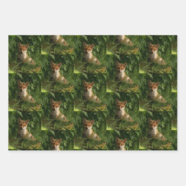 緑の森の中のかわいいベビーキツネ ラッピングペーパーシート