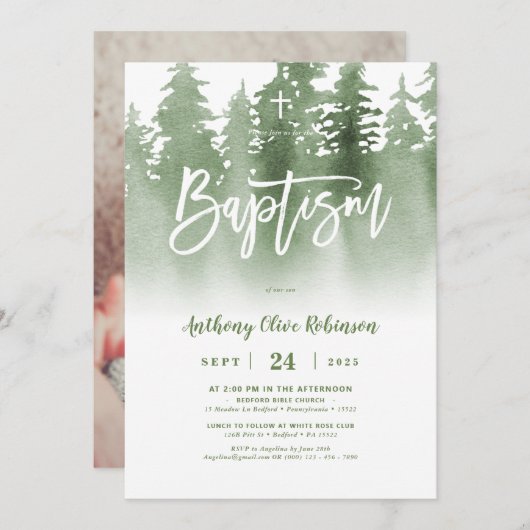 緑の森の写真のバプテスマ 招待状 (正面/裏面)