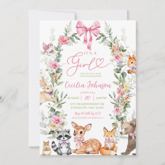 緑の森の動物の女の子の赤ちゃんシャワー 招待状 (正面)