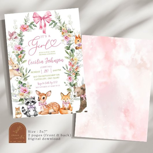 緑の森の動物の女の子の赤ちゃんシャワー 招待状