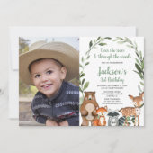 緑の森の動物の少年の女の子の誕生日の写真 招待状 (正面)