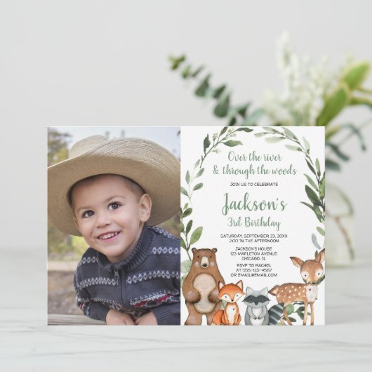 緑の森の動物の少年の女の子の誕生日の写真 招待状 (スタンド正面)