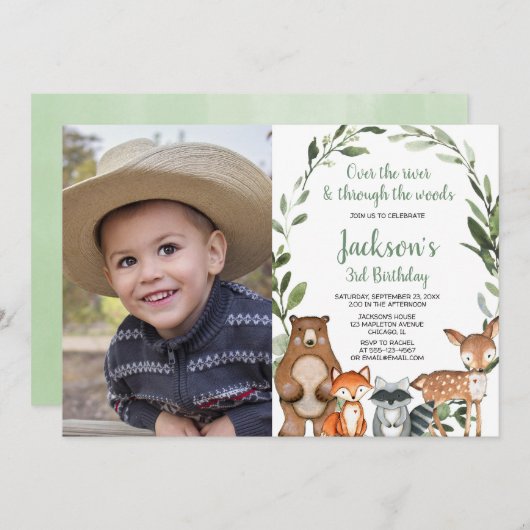 緑の森の動物の少年の女の子の誕生日の写真 招待状 (正面/裏面)