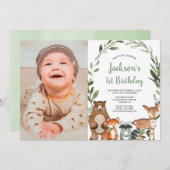 緑の森の動物の少年1歳の誕生日の写真 招待状 (正面/裏面)