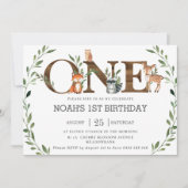 緑の森の動物の木の木の一の誕生日 招待状 (正面)