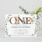 緑の森の動物の木の木の一の誕生日 招待状 (スタンド正面)