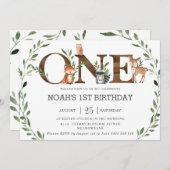 緑の森の動物の木の木の一の誕生日 招待状 (正面/裏面)