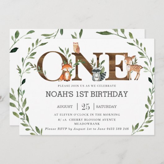 緑の森の動物の木の木の一の誕生日 招待状 (正面/裏面)