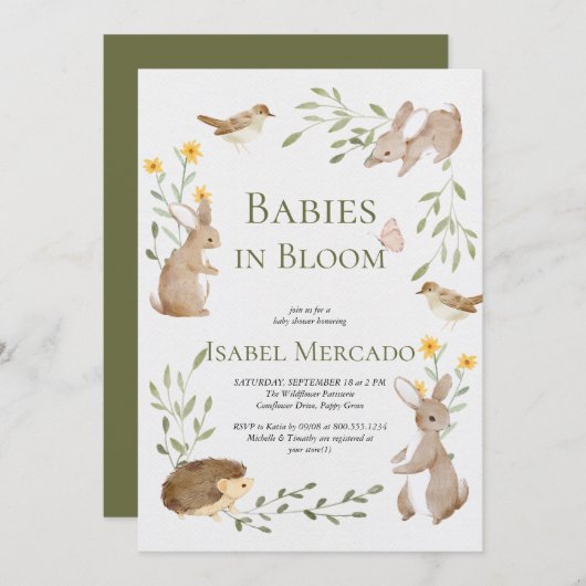 緑の森の動物の森のベビー開花 招待状 (正面/裏面)