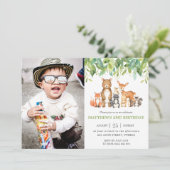 緑の森の動物の誕生日パーティーの写真 招待状 (スタンド正面)