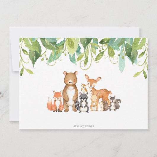 緑の森の動物の誕生日パーティーの写真 招待状 (裏面)