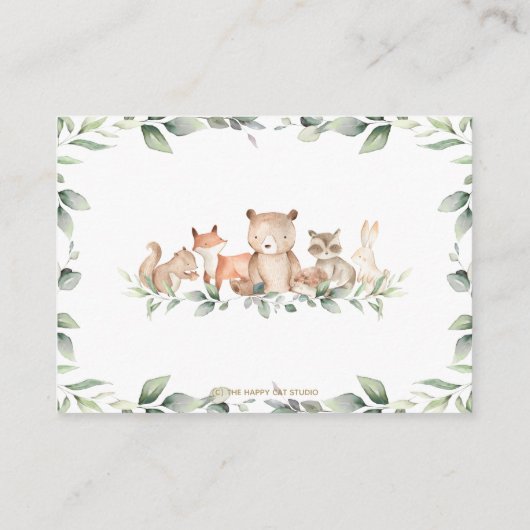 緑の森の動物の赤ちゃんシャワーおむつラッフル エンクロージャーカード (裏面)