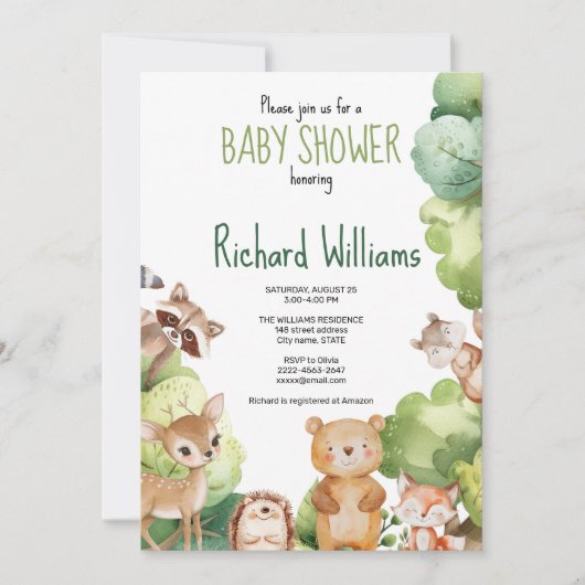 緑の森の動物の赤ちゃんシャワーの招待 招待状 (正面)