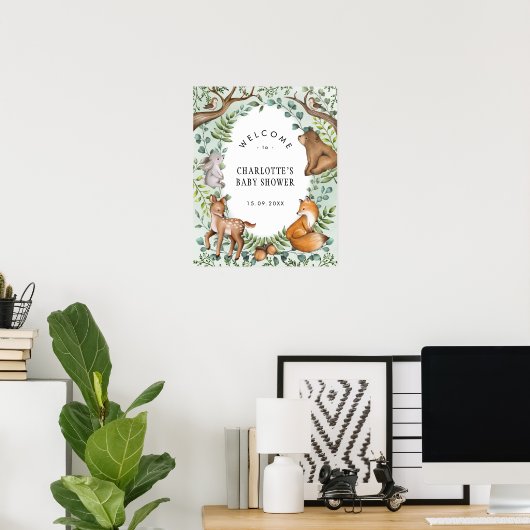 緑の森の動物の赤ちゃんシャワーへようこそ ポスター (ホームオフィス)