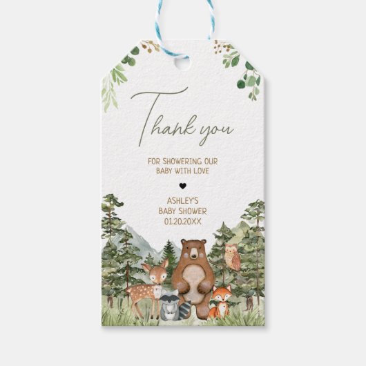 緑の森の動物の赤ちゃんシャワーメッセージカード ギフトタグ (正面)