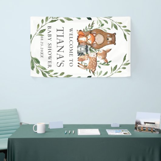 緑の森の動物の赤ちゃんシャワー背景 横断幕 (トレードショー)