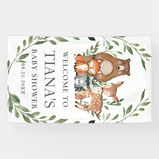 緑の森の動物の赤ちゃんシャワー背景 横断幕 (横)