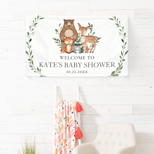 緑の森の動物の赤ちゃんシャワー背景 横断幕 (インサイチュ)