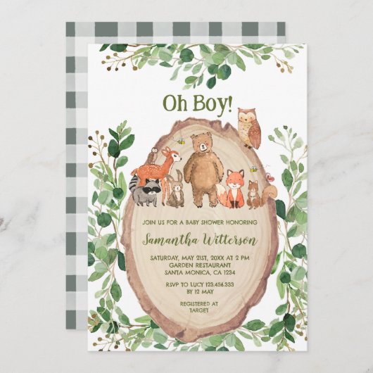 緑の森の動物の赤ちゃんシャワー 招待状 (正面/裏面)