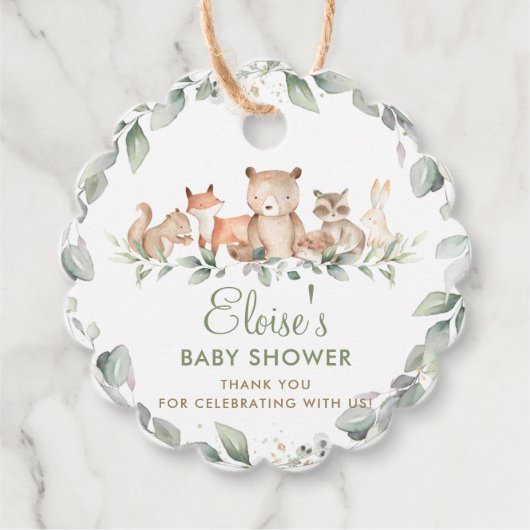 緑の森の動物ツインズベビーシャワーの好意 フェイバータグ (正面)