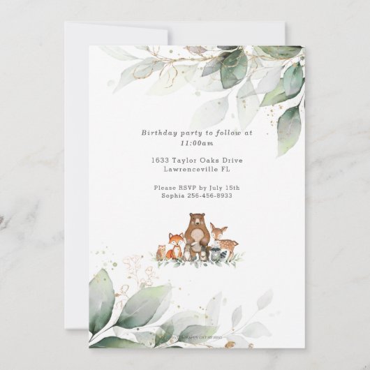 緑の森の動物バプテスマ&誕生日 招待状 (裏面)